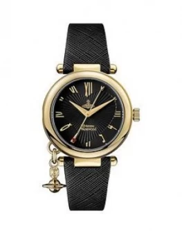 Image of Vivienne Westwood Vivienne Westwood Orb Heart Black And Gold Detail Charm Dial Black Leather Strap Ladies Watch