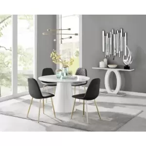 Image of Furniturebox Palma White High Gloss 4 Seat Minimalist Post Modern Round Dining Table & 4 Black Corona Faux Leather Dining Chairs with Gold Legs