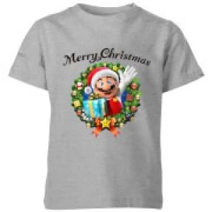 Image of Nintendo Super Mario Merry Christmas Hat Present Kid's T-Shirt - Grey - 3-4 Years