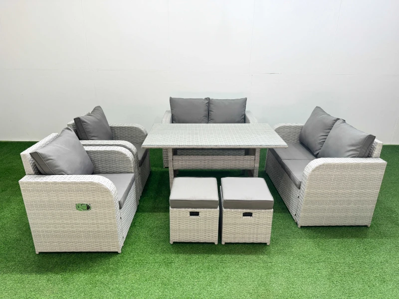 Image of Fimous 8 Seater Outdoor Reclining Chair Love Sofa Set Rattan Garden Furniture Set with Rectangular Dining Table 2 Stools Light Grey Light Grey