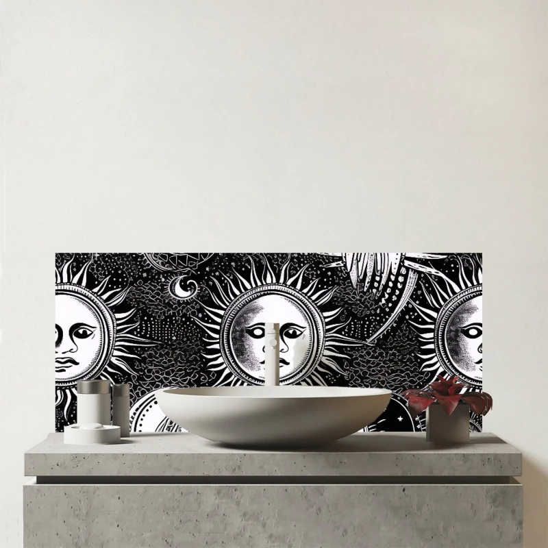 Image of Warren Reed - Designer Moon & Sun Black White Glass Bathroom Splashback Black Unisex