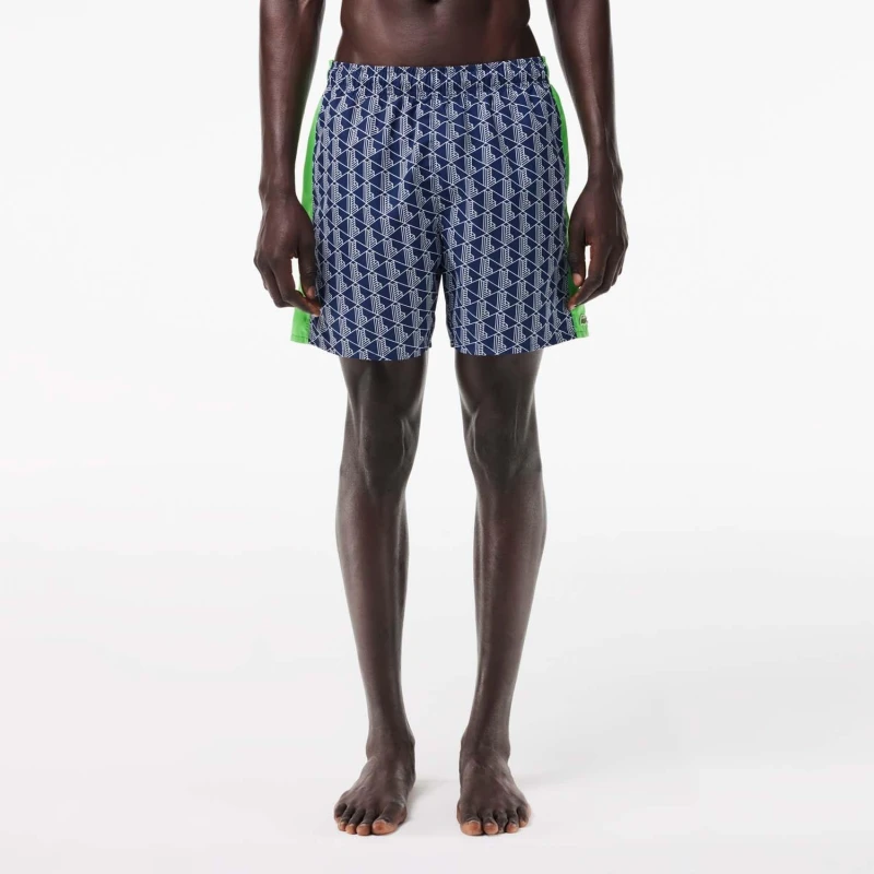 Image of Lacoste Mid Length Monogram Print Swim Trunks - Multi Multi S