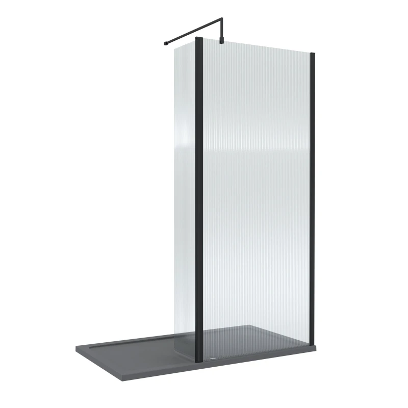 Image of Balterley 8mm Fluted Glass Walk In Wetroom Screen And Hinged Return With Black Profile And Grey Shower Tray - 1400 X 800mm