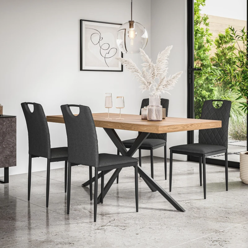 Image of More4Homes Donni Dining Table And Chairs - Oak Effect Table Top W Black Legs + Monza Linen Dining Chair Set Of 4 (Charcoal)