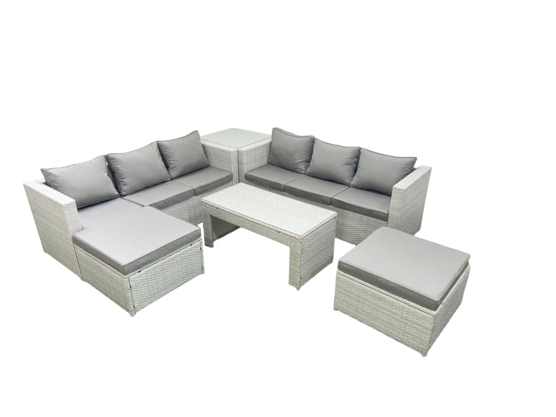 Image of Fimous 8 Seater Garden Outdoor Rattan Furniture Set Rattan Garden Sofa Oblong Coffee Table with 2 Big Footstools Side Table Light Grey Mixed Light Gre