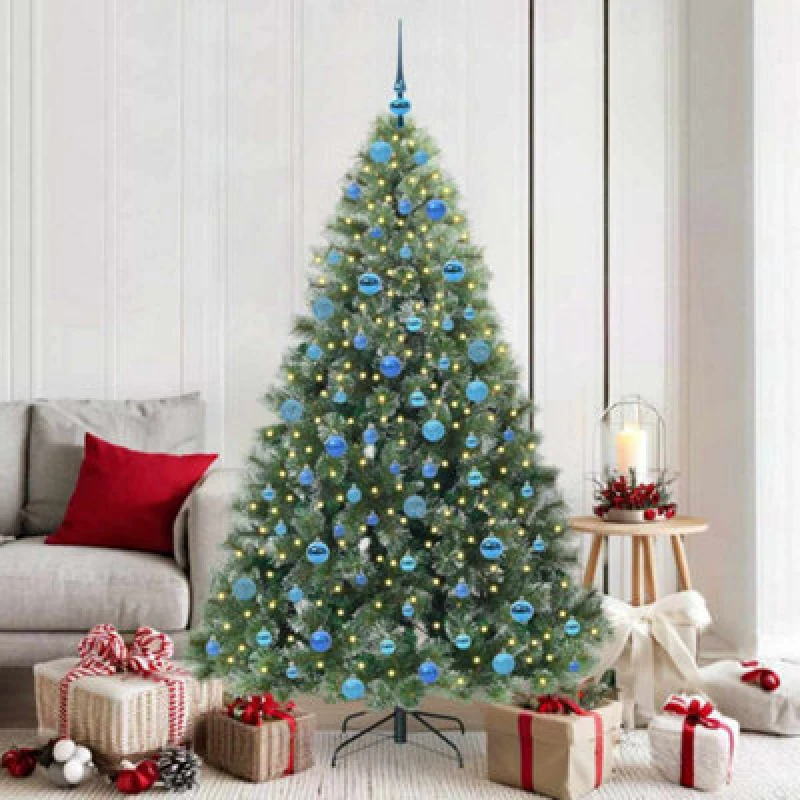 Image of vidaXL Artificial Christmas Tree with 300 LEDs & Blue Balls Snow Flocked Green 180cm PE and PVC, Green 3397855