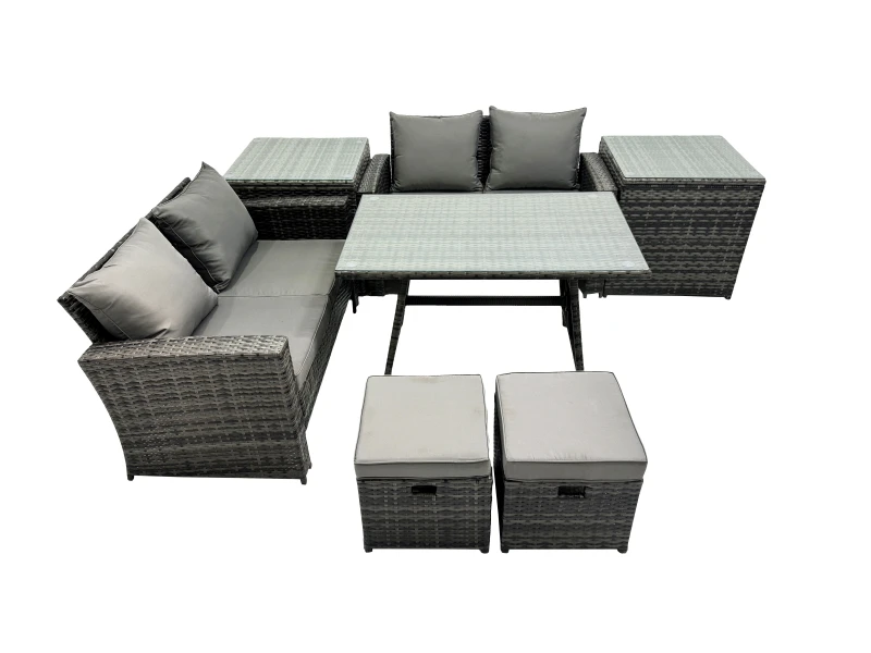 Image of Fimous 6 Seater Outdoor Table Double Seat Sofa 2 Small Stool 2 Side Table Set in Dark Grey Dark Grey Unisex