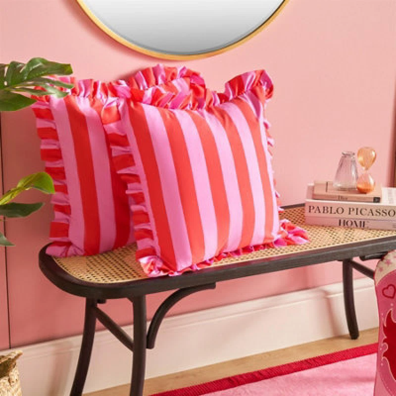 Image of OHS OHS 2 Pack Stripe Frill Cushion Cover in Bright Pink Size: 45cm x 45cm Bright Pink 45cm x 45cm Unisex 5027434226061