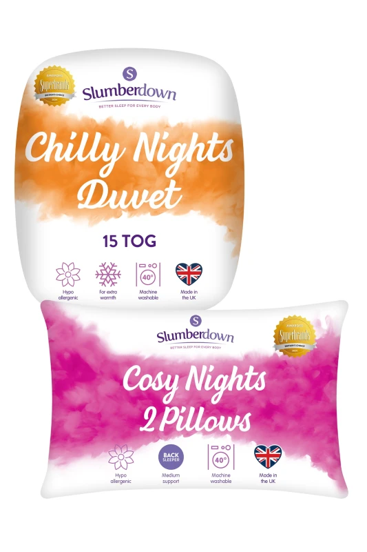 Image of Slumberdown Slumberdown Chilly Nights 15 Tog Duvet, 2 Cosy Nights Pillows in White Size: Single White Single Unisex 5061016122174