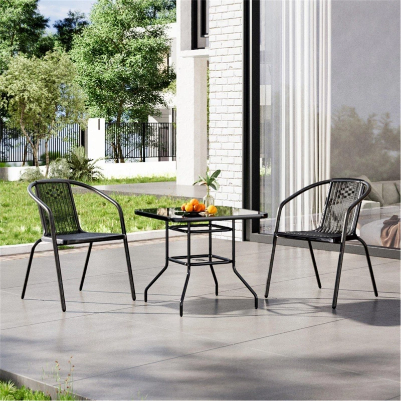 Image of Breeins Tempered Glass Table with 2 Seater Rattan Chairs - Black L