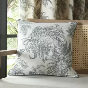 Image of Fusion - Saranda Tropical Print Cotton Rich Piped Edge Filled Cushion, Charcoal, 43 x 43 Cm