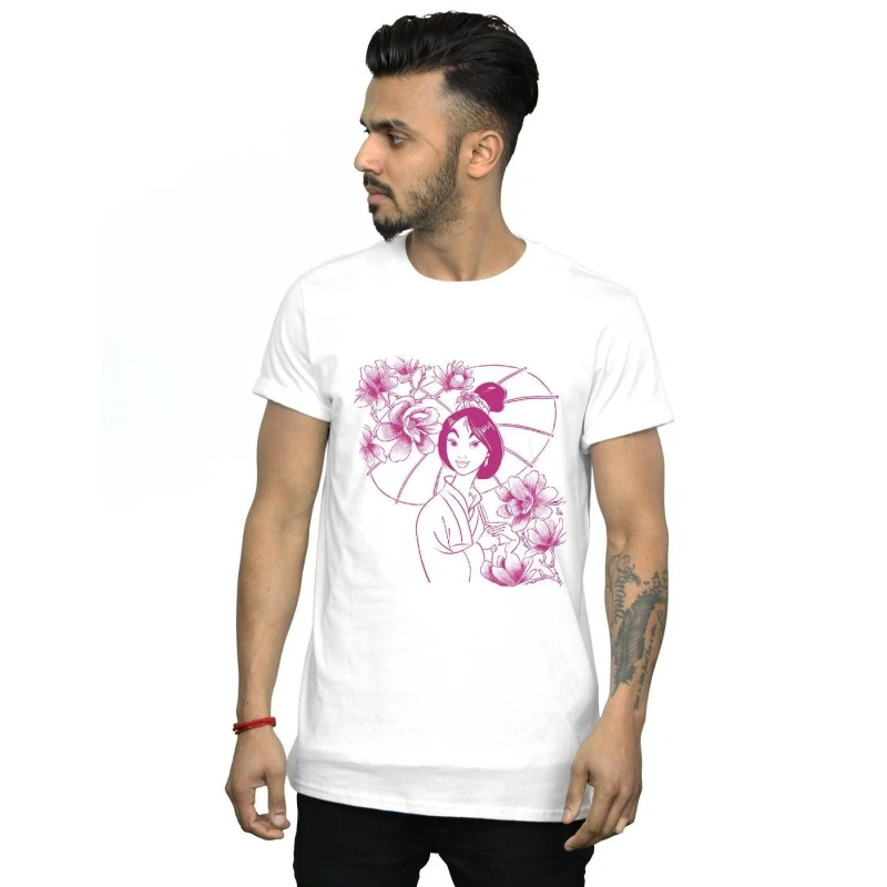Image of Disney Men Mulan Mono Magnolia T-Shirt in White Size: Small White S Male 5059308824103