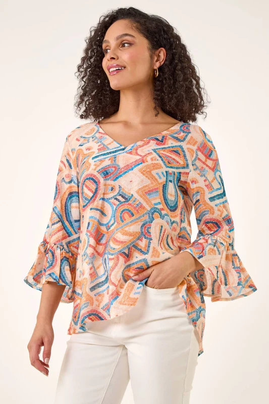 Image of Roman Womens Geometric Print Flute Sleeve Top in Orange Size: 20 Orange Female 20