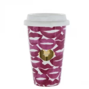 Image of Lips Travel Mug Pink and Gold 15cm