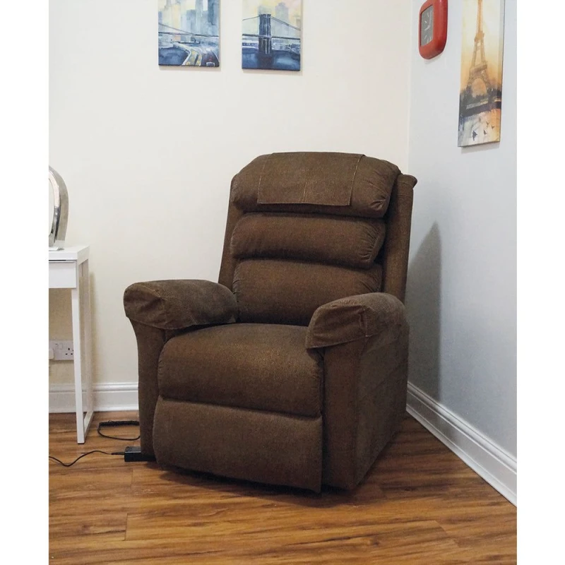 Image of Loops Wall Hugging Rise & Recline Arm Chair - Waterfall Pillow - Brown Chenille Fabric Brown
