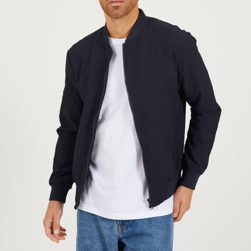 Image of Brave Soul Brave Soul Men Seersucker Bomber Jacket in Navy Size: X-Large Navy XL Male 5063487141500