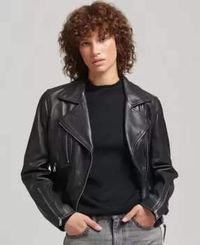 Image of Superdry Womens Leather Biker Jacket Black - Size: 8