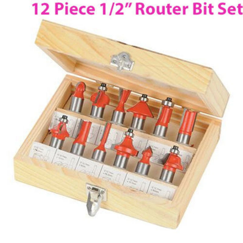 Image of Loops 12 Piece 1/2" Inch TCT Router Bit Set Woodwork Cutting Wooden Case Multi