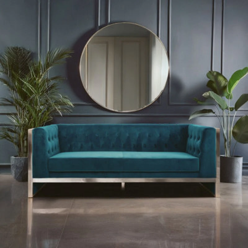 Image of Orsina Teal Velvet 3 Seater Sofa, Button Tufted Modern Sofa For Living Room, Stainless Steel Frame Velvet Couch