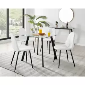 Image of Furniturebox Seattle Glass and Black Metal Leg Square Dining Modern Industrial Dining Table & 4 White Corona Faux Leather Dining Chairs with Black