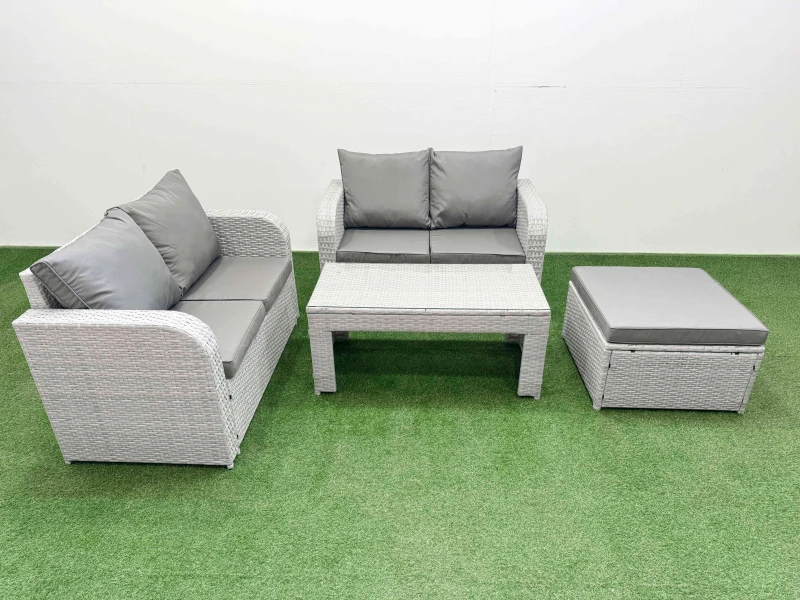 Image of Fimous 5 Seater Outdoor Love Sofa Set Rattan Garden Furniture Set with Oblong Coffee Table Big Footstool Light Grey Light Grey
