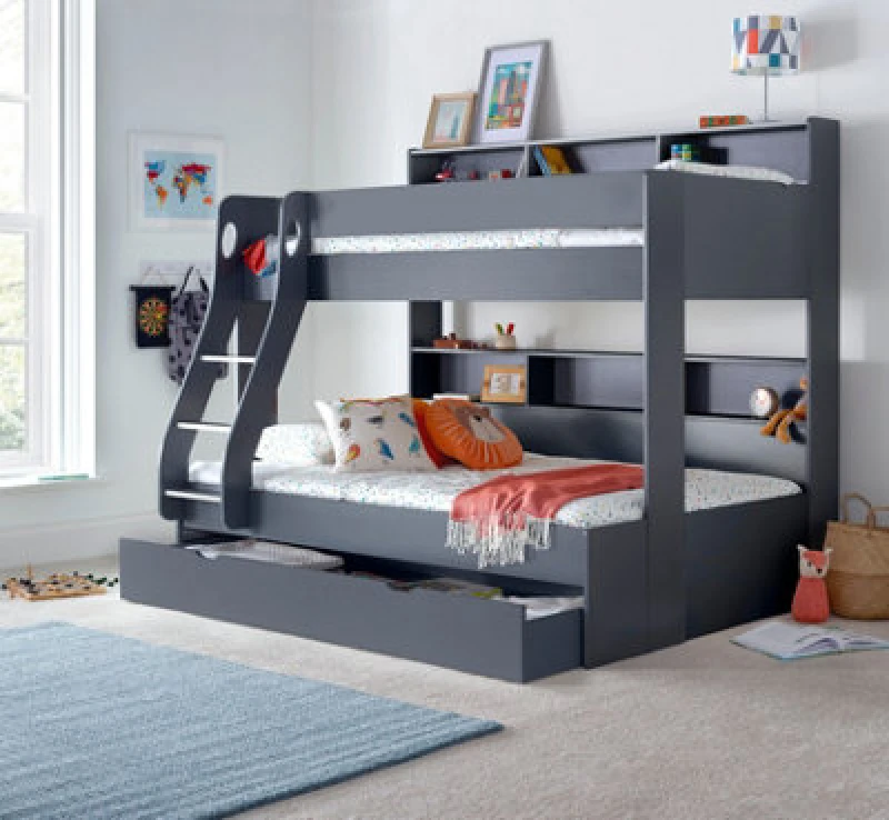 Image of Bedmaster Bedmaster Oliver Triple Sleeper Storage Bunk Bed Without Drawer With Spring Mattresses in Dark Grey Size: Small Double Dark Grey Small Dou