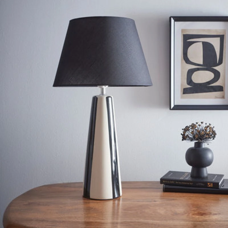 Image of K Living Tall Ceramic Striped Table Lamps With Painted Black Stripes And Matching Lampshades