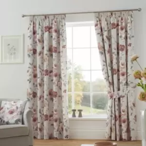 Image of Charity Floral Print 100% Cotton Lined Pencil Pleat Curtains, Coral, 46 x 54" - Dreams&drapes