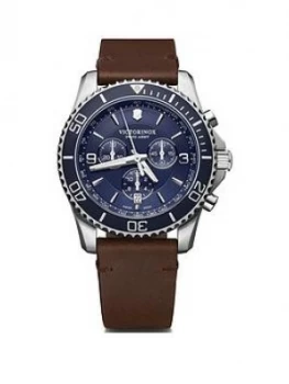 Image of Victorinox Victorinox Swiss Made Maverick Blue And Silver Detail Sapphire Glass Chronograph 43Mm Dial Brown Leather Strap Watch