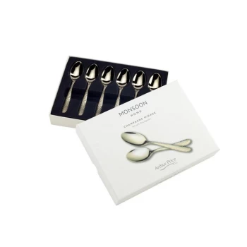 Image of Arthur Price Monsoon 'Champagne Mirage' stainless steel gift boxed set of 6 tea spoons for luxury home dining - Metallics