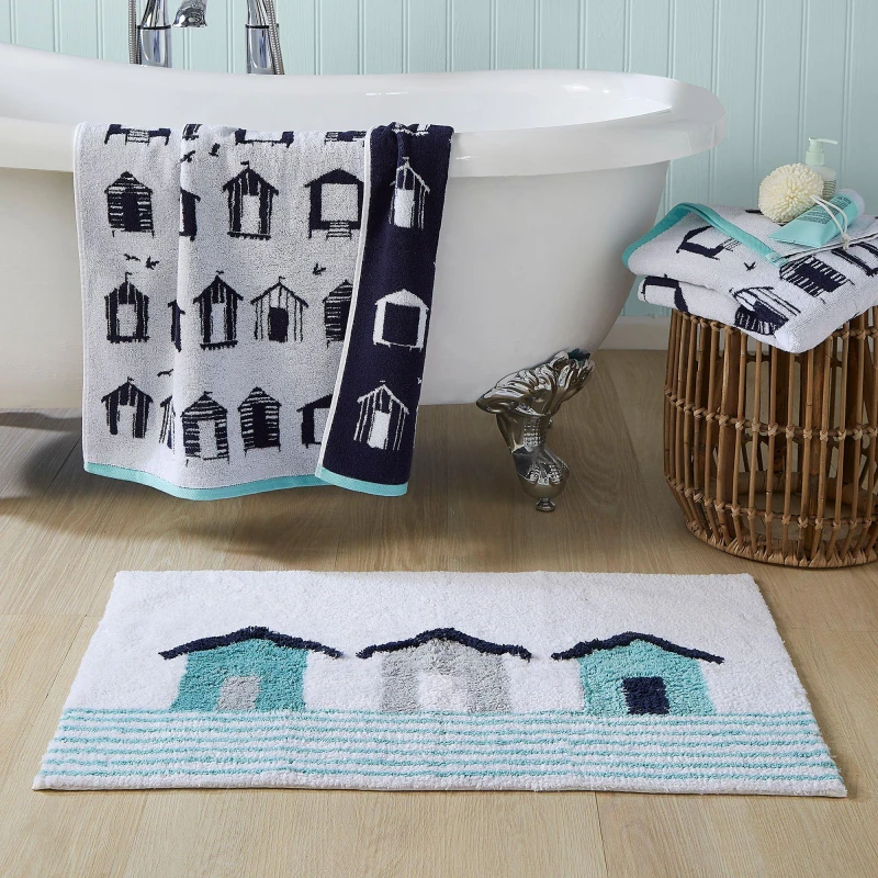 Image of Fusion 'Beach Huts' Anti Slip Bath Mat Blue