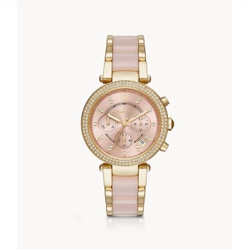 Image of Michael Kors Womens Parker Chronograph Pink Acetate And Gold-Tone Stainless Steel Watch - Gold
