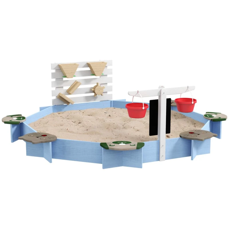 Image of Outsunny Kids Sandbox with Wooden Frame and 6 Seats, Creative Play Area, Blue Aosom UK