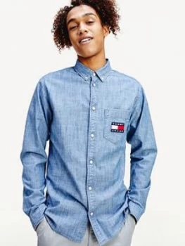 Image of Tommy Jeans Chambray Badge Shirt - Mid Blue Size L, Men