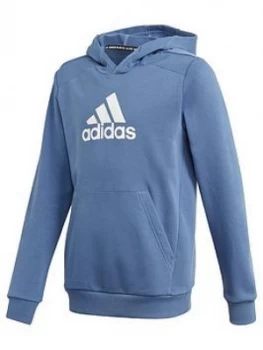 Image of adidas Boys Junior Badge Of Sport Hoodie - Blue/White, Size 9-10 Years