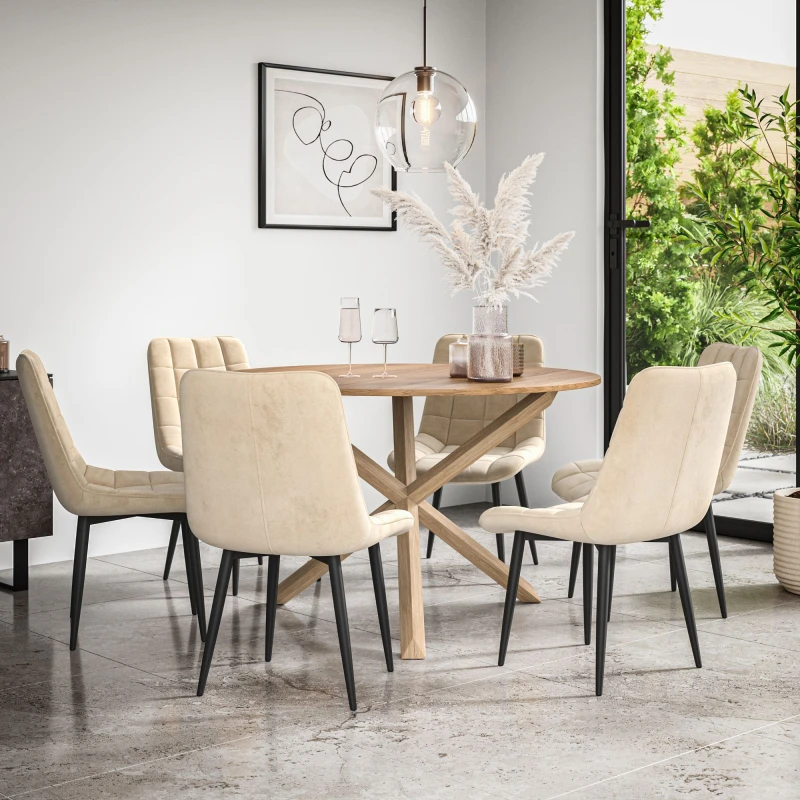 Image of More4Homes Malvern Round Dining Table And Chairs - Oak Table Top W Solid Oak Legs + Nova Velvet Dining Chair Set Of 6 (Beige)