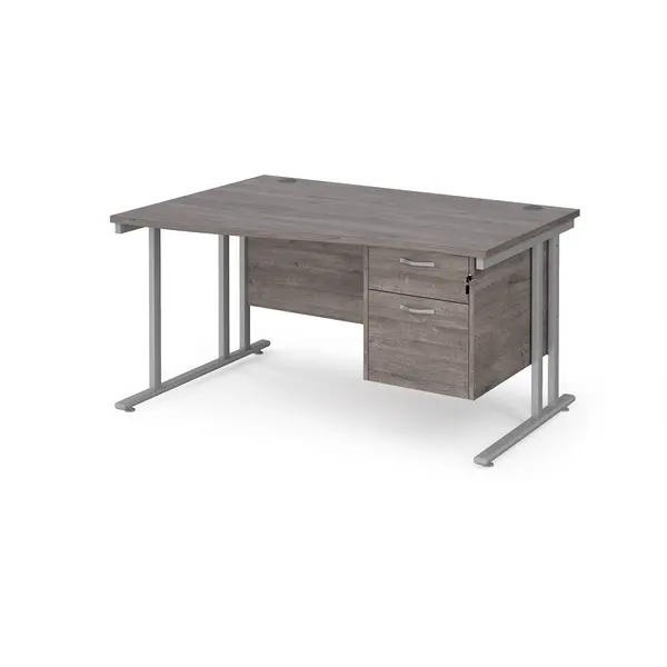 Image of Maestro 25 left hand wave desk 1400mm wide with 2 drawer pedestal - silver cantilever leg frame, grey oak top