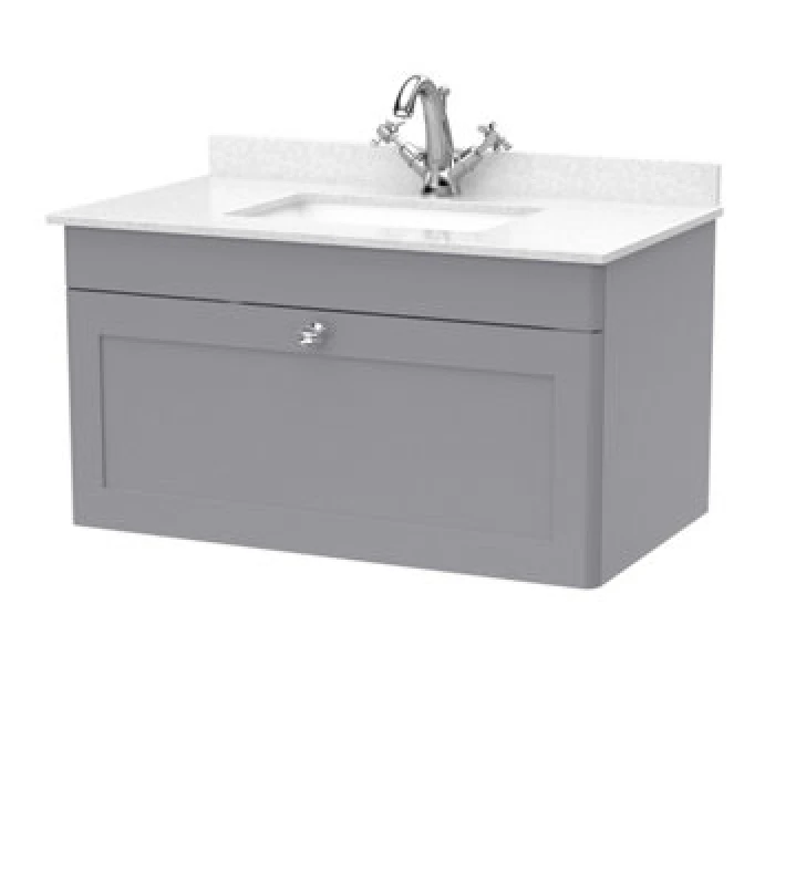 Image of nuie 800mm Wall Hung 1 Drawer Vanity & Marble Top 1TH - Satin Grey CLC296WS1