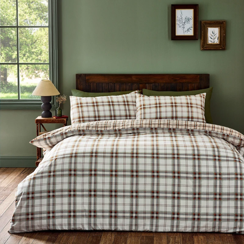 Image of Catherine Lansfield Catherine Lansfield 'Kelso Check' Reversible Duvet Cover Set in Burnt Orange Size: King Burnt Orange King Unisex 5057681930473