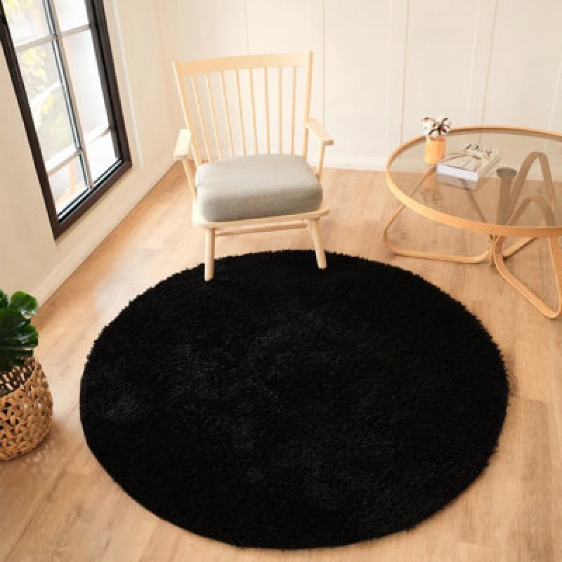 Image of Livabliss Round Shaggy Solid Color Plush Pile Black Soso Area Rug 120 X 120 Cm - Easy Care, Non Shedding, Ideal For Living Room & Bedroom