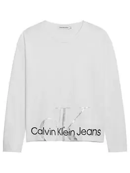 Image of Calvin Klein Jeans Girls Metallic Monogram Long Sleeve T-Shirt - White, Size Age: 14 Years, Women