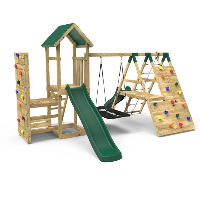 Image of Rebo Wooden Climbing Frame with Swings, Climbing Walls and Slide - Crestone Green Green