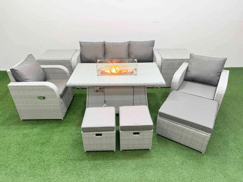 Image of Fimous PE Rattan Garden Furniture Set Reclining Chair Sofa Lounge Sofa Set Firepit Dining Table 2 Side Table 3 Stools Light Grey Light Grey