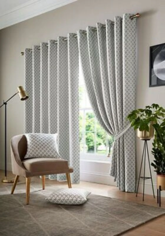Image of Alan Symonds - Jacquard Curtains Eyelet Ring Top Fully Lined Ready Made, Polyester, Silver, 66 x 54 - Silver 5039373074306