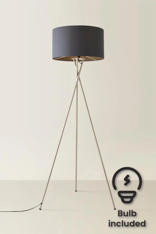 Image of ValueLights ValueLights Camden Brushed Chrome Tripod Floor Lamp with Drum Lamp Shade and Bulb in Charcoal Charcoal One Size Unisex 5055759992934
