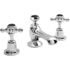Image of Topaz Black Crosshead 3-Hole Basin Mixer Tap with Pop Up Waste Dome Collar - Hudson Reed