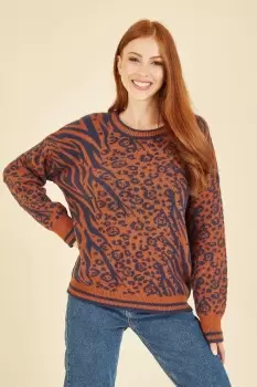 Image of Brown Animal and Zebra Print Intarsia Jumper
