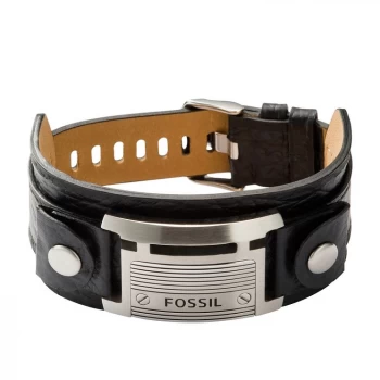Image of Fossil Mens Black Leather & Steel Cuff Bracelet