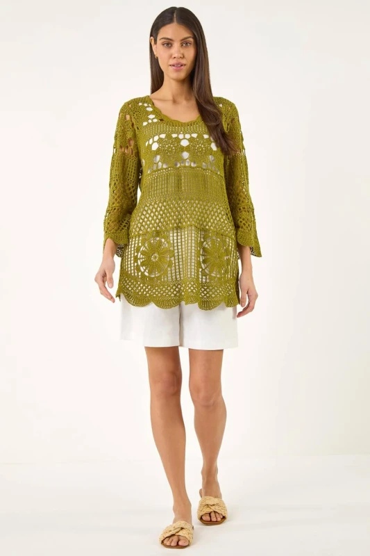 Image of Roman Womens Floral Crochet Tunic Top in Khaki Size: 18 Khaki Female 18