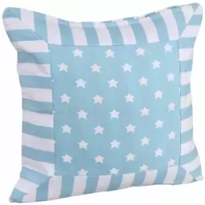 Image of Homescapes - Cotton Blue Stripe Border and Stars Cushion Cover, 45 x 45cm - Blue